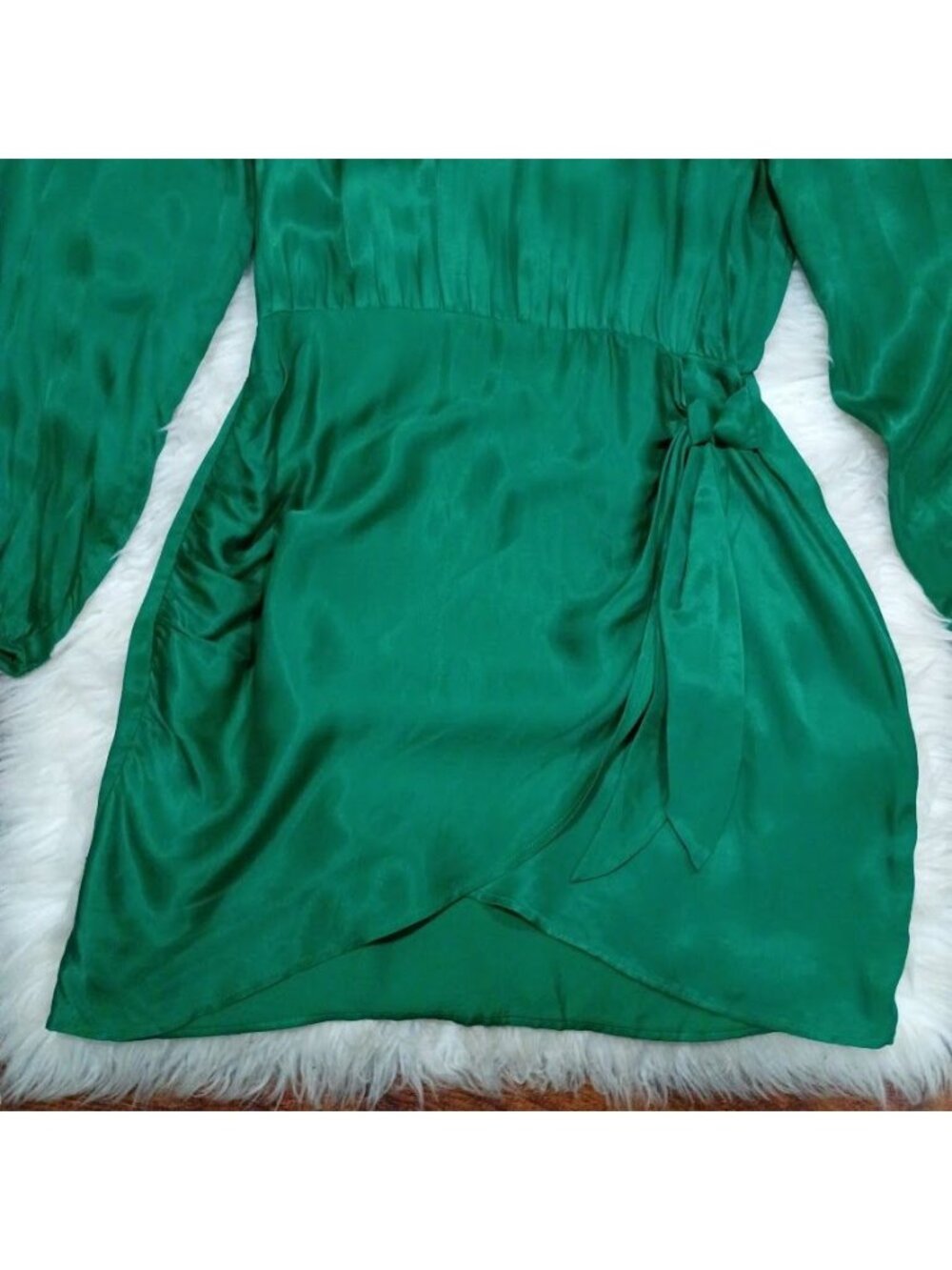 Zara Womens Green Satin Mini Dress M Long Sleeve Waist-Tie Wrap Design - Picture 3 of 10
